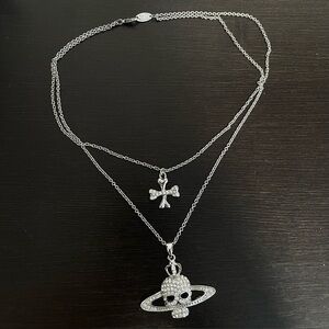 Vivienne Westwood Skull and Crossbones Double Chain Orb Silver Necklace